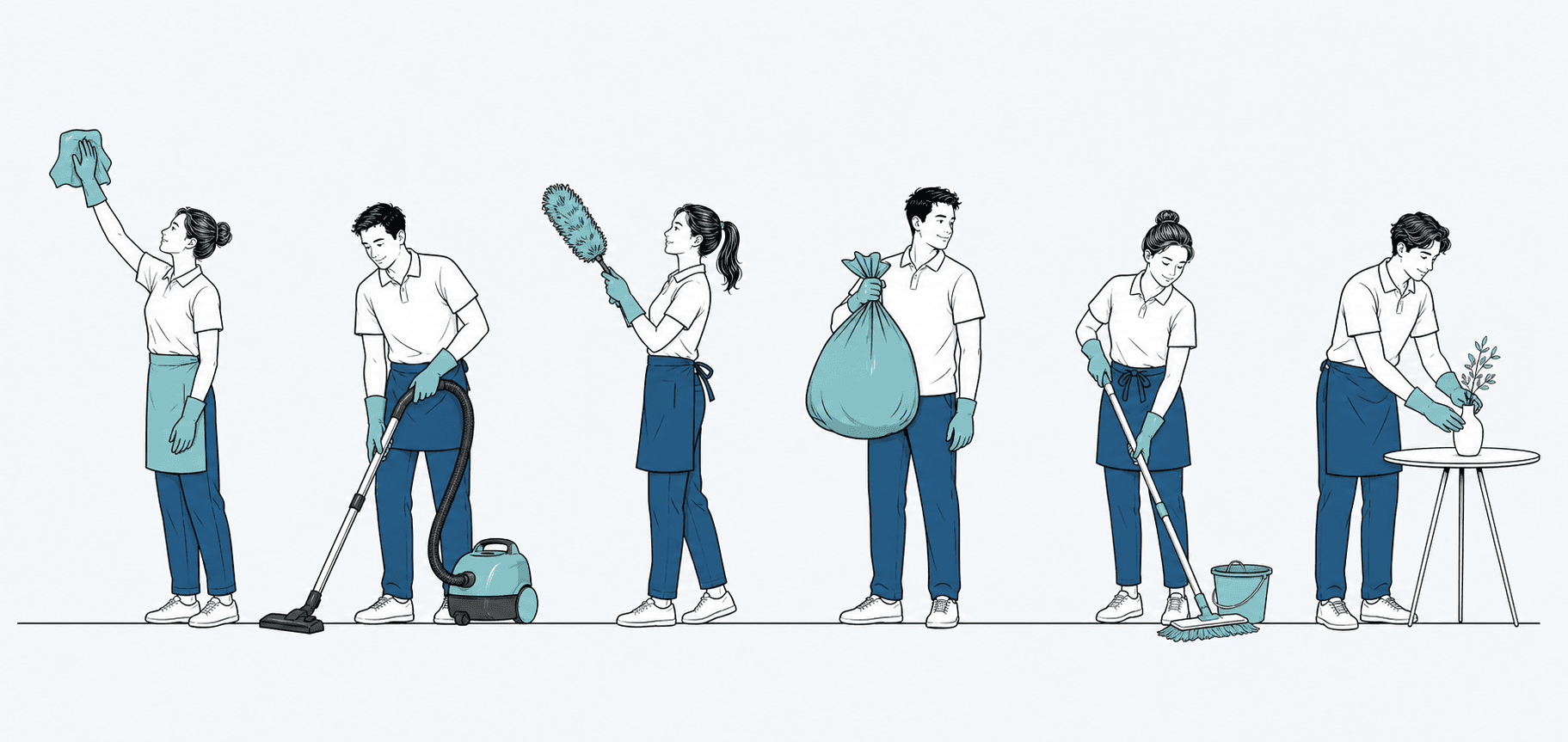六位清洁服务人员进行不同清洁工作的原创线稿插画